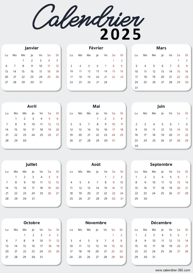 Calendrier 2025 gratuit en francais