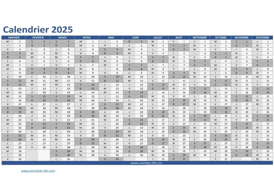 Calendrier 2025 au format Excel