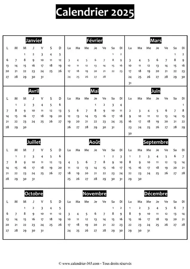 Calendrier 2025 au format Word
