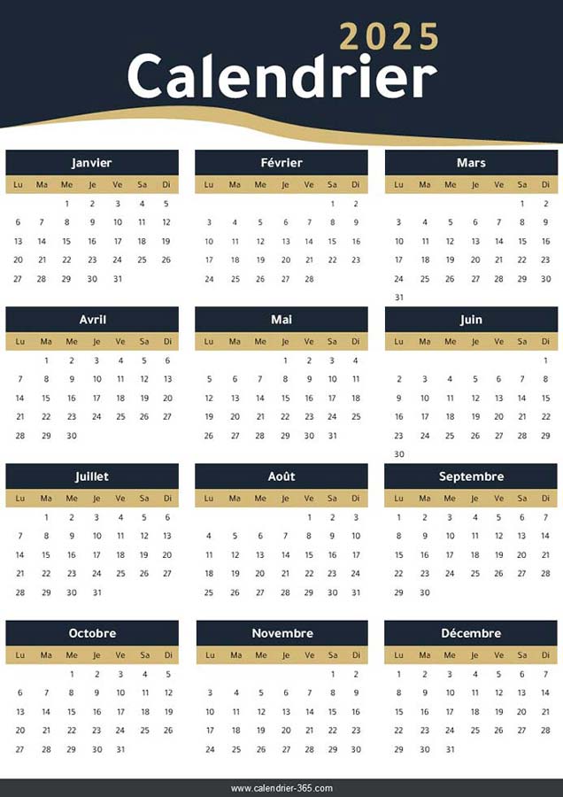 Calendrier 2025 imprimable au format PDF prêt à télécharger